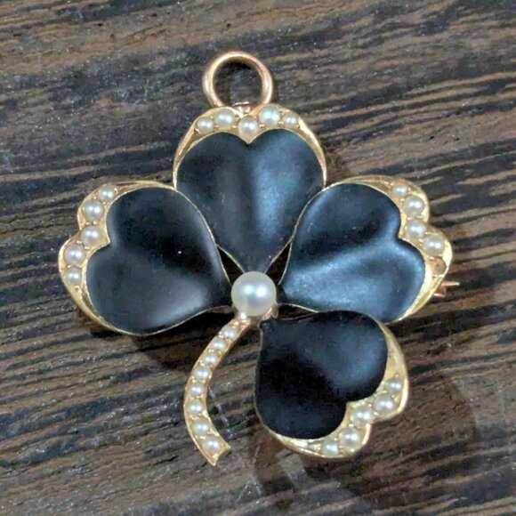 Crane & Theurer 1900 Art Nouveau Enamel Clover Pendant  brooch 14Kt Gold Pearl - Picture 1 of 6